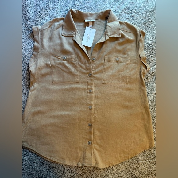 Maternity top by Ingrid & Isabel Tan Sleeveless Button Down Shirt - Picture 7 of 10